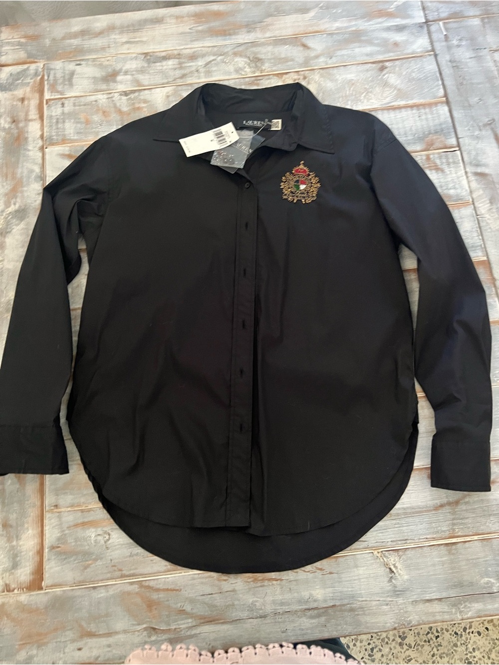 Black Button-Down Shirt with Crest Embroidery